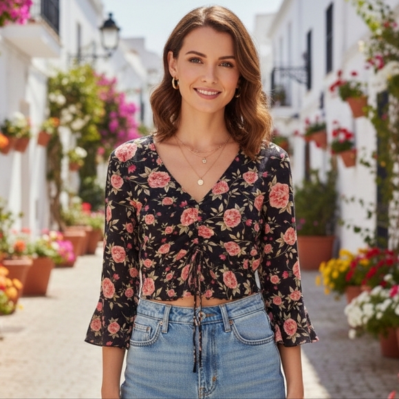 Zara Tops - Zara Woman's Feminine Black Cropped Floral Ruched Peplum Blouse Size Small